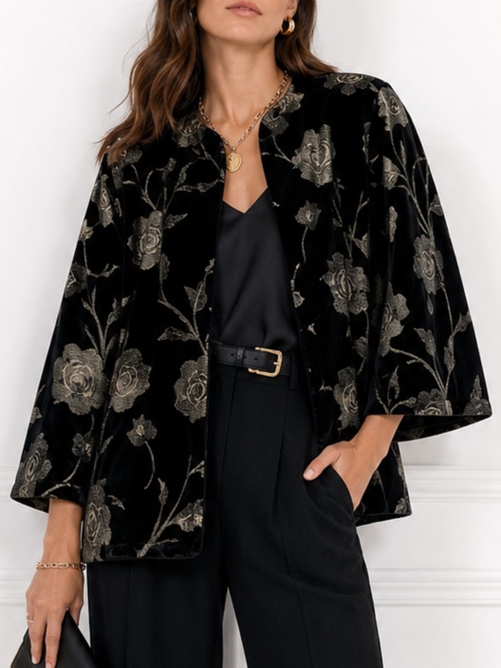 Ralph Lauren NWT Black & Gold Floral Embroidered Velvet Open Front Jacket Sz XL